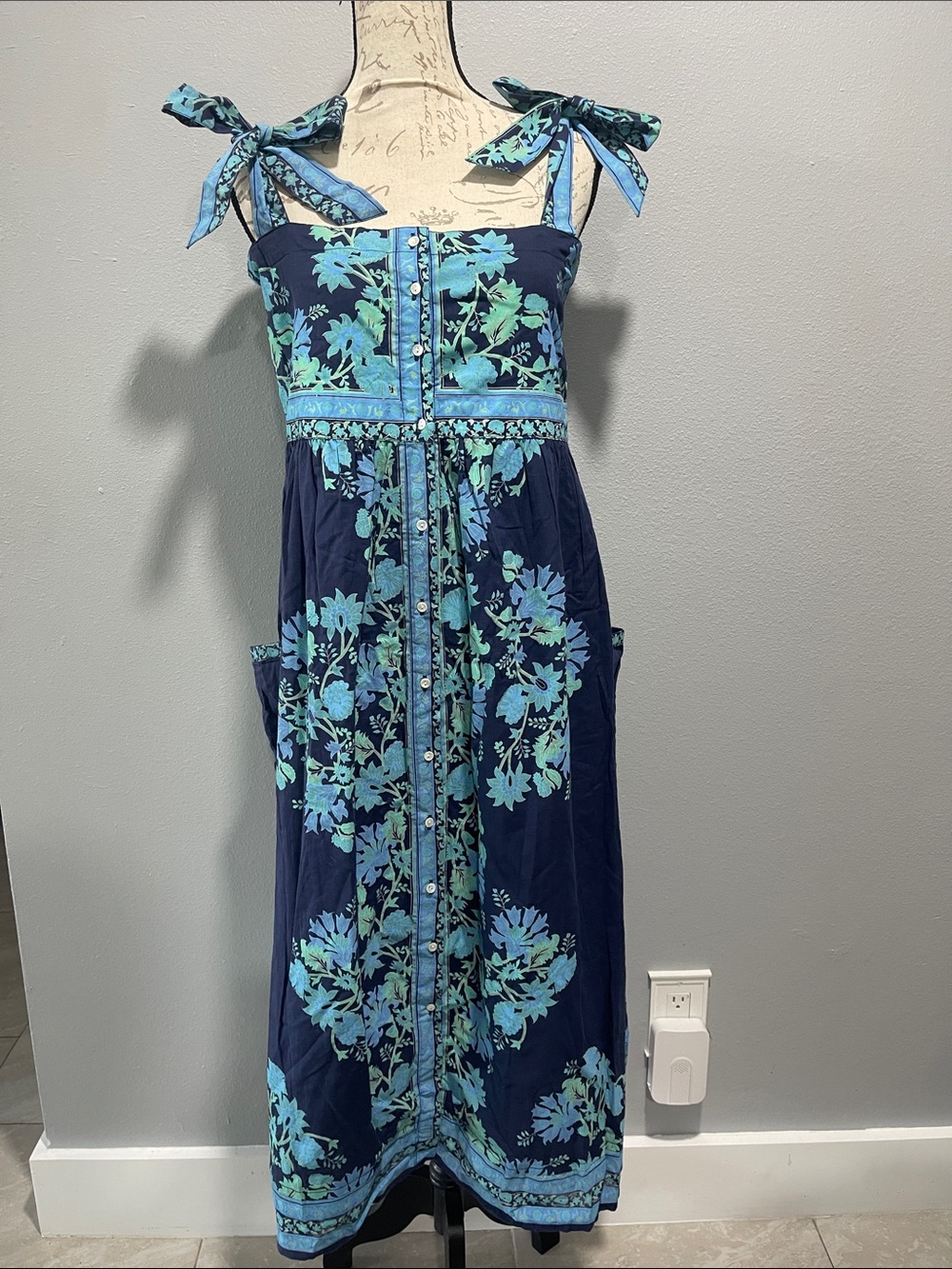 Juliet Dunn Indigo Floral Tie-Shoulder Summer Dress